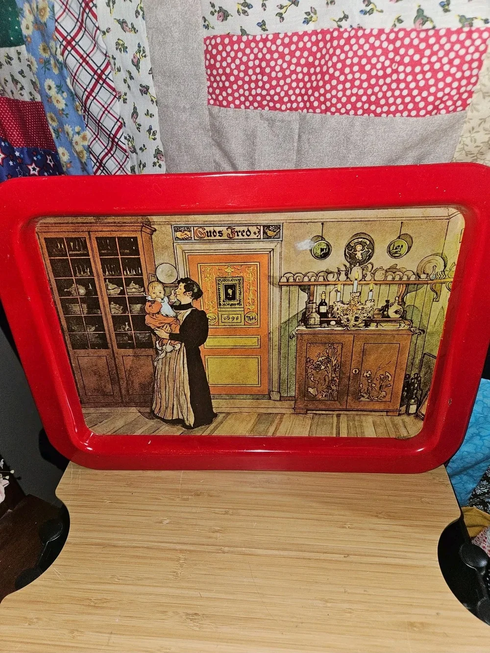 Red Decorative Serving Tray with Vintage Illustration